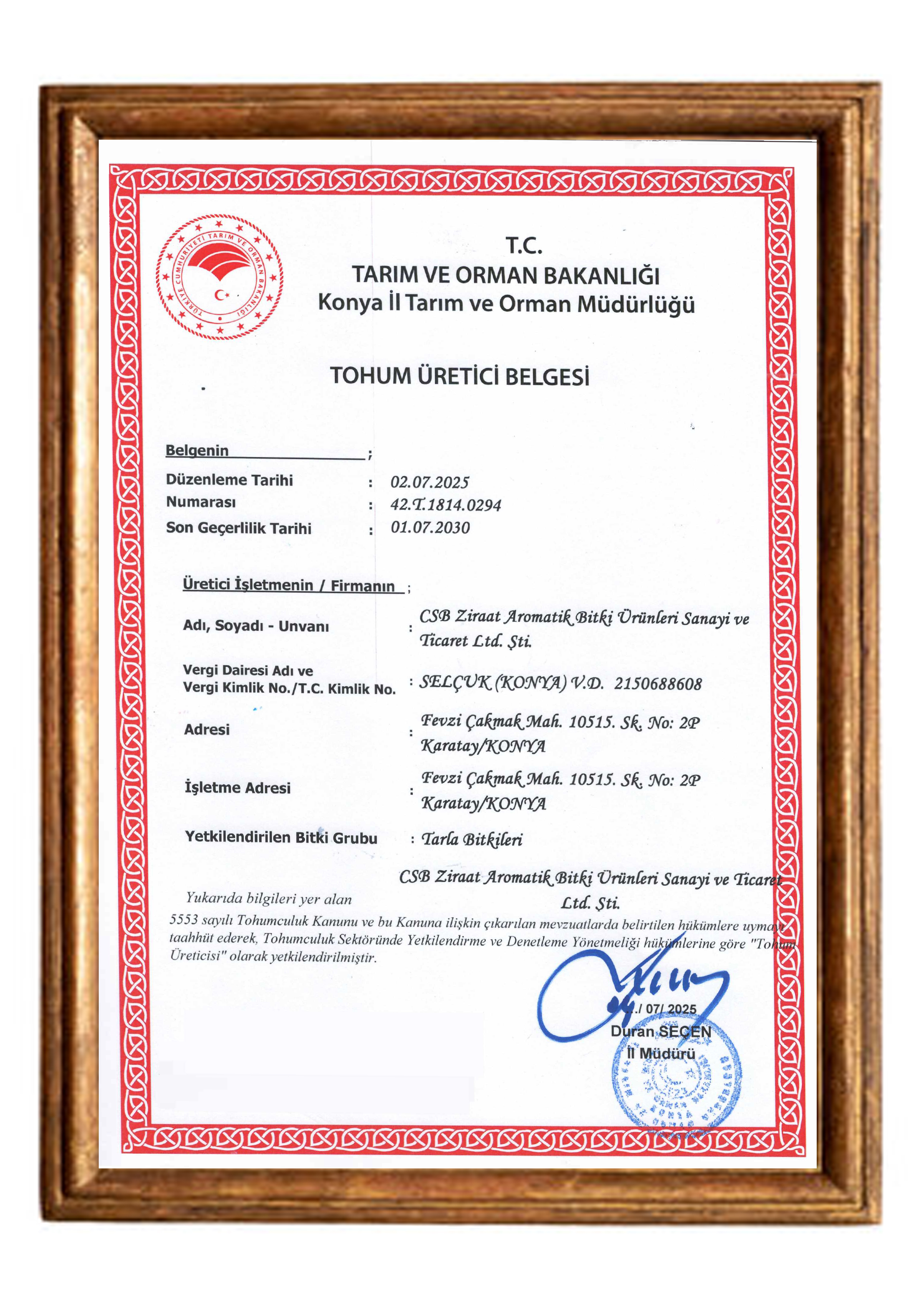 Tohum Üretici Belgesi